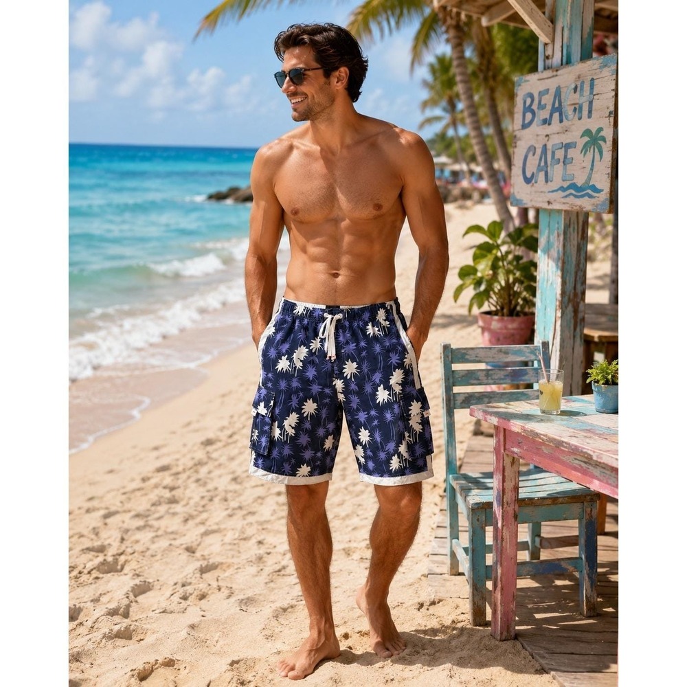 Banana Split USA Mens Palm Tree Cargo Board Shorts Navy Purple White Large